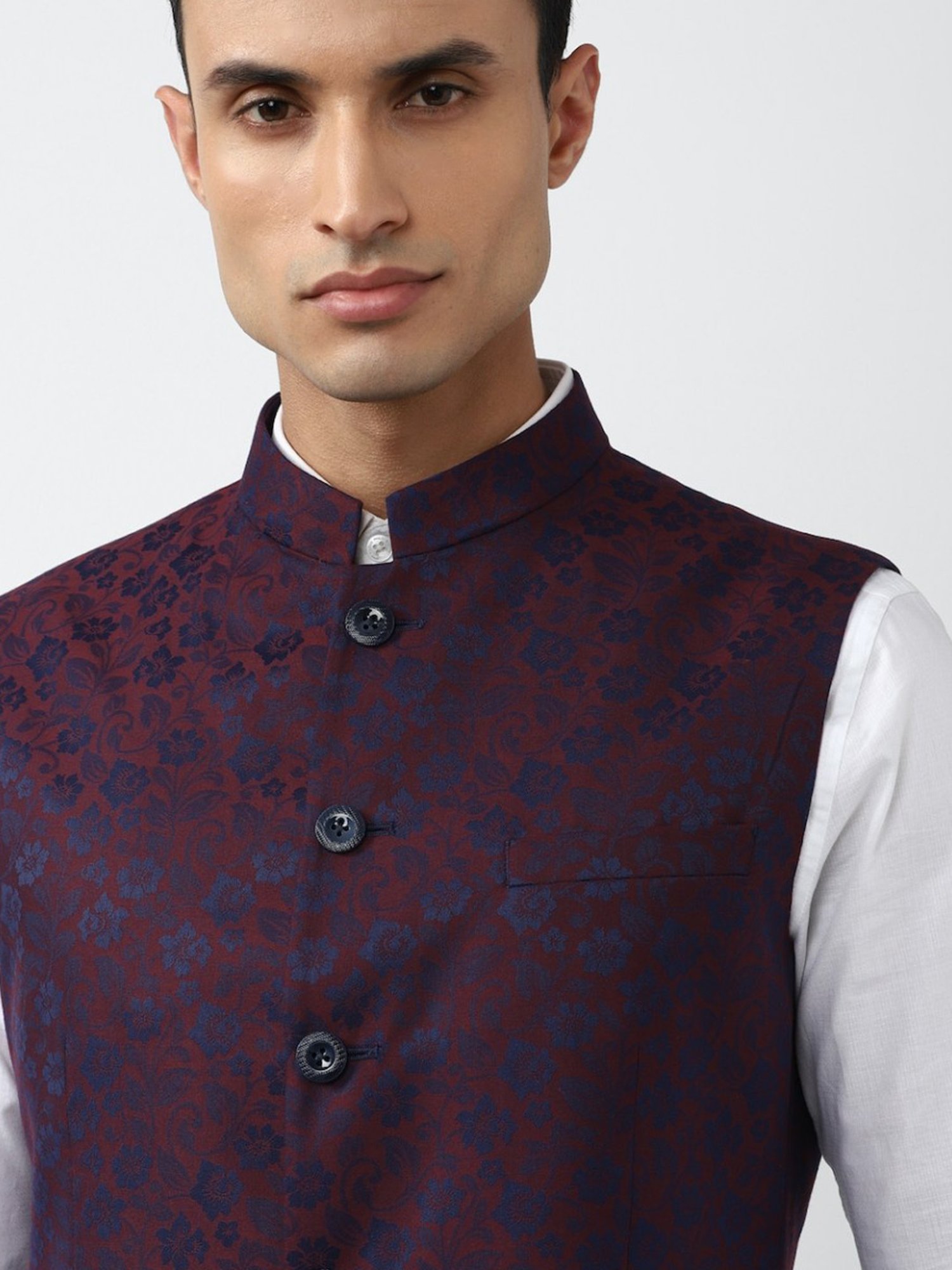 V Dot Purple Slim Fit Printed Nehru Jacket