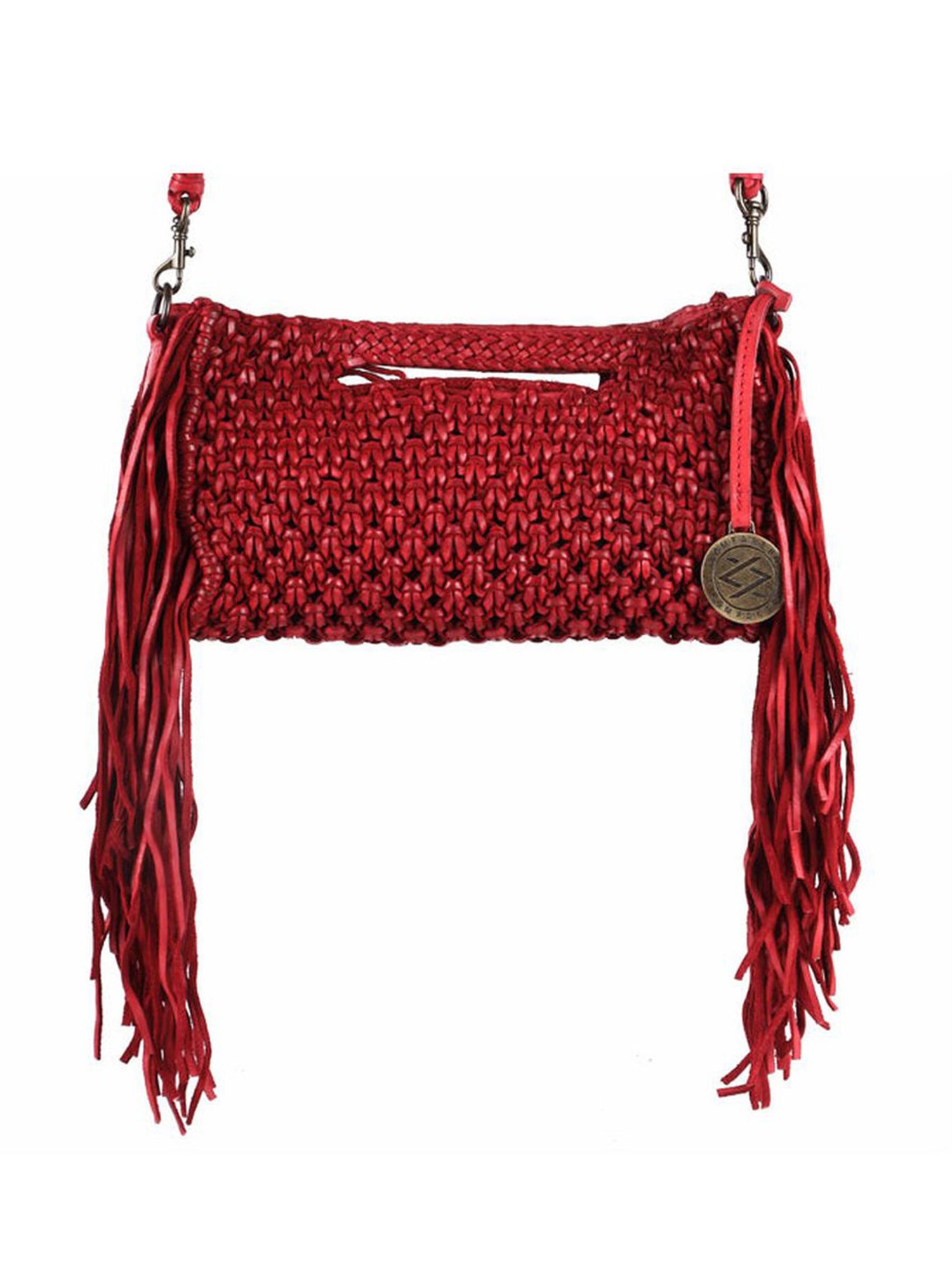 KOMPANERO Macrame Red Leather Textured Sling Handbag