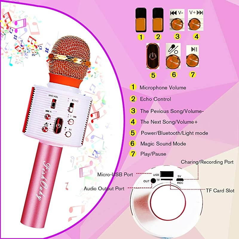 Karaoke Microphone, Bluetooth Karaoke Machine Kids Portable Mic Player Speaker with LED & Music Singing Voice Recording for Christmas Birthday Home Party KTV Outdoor