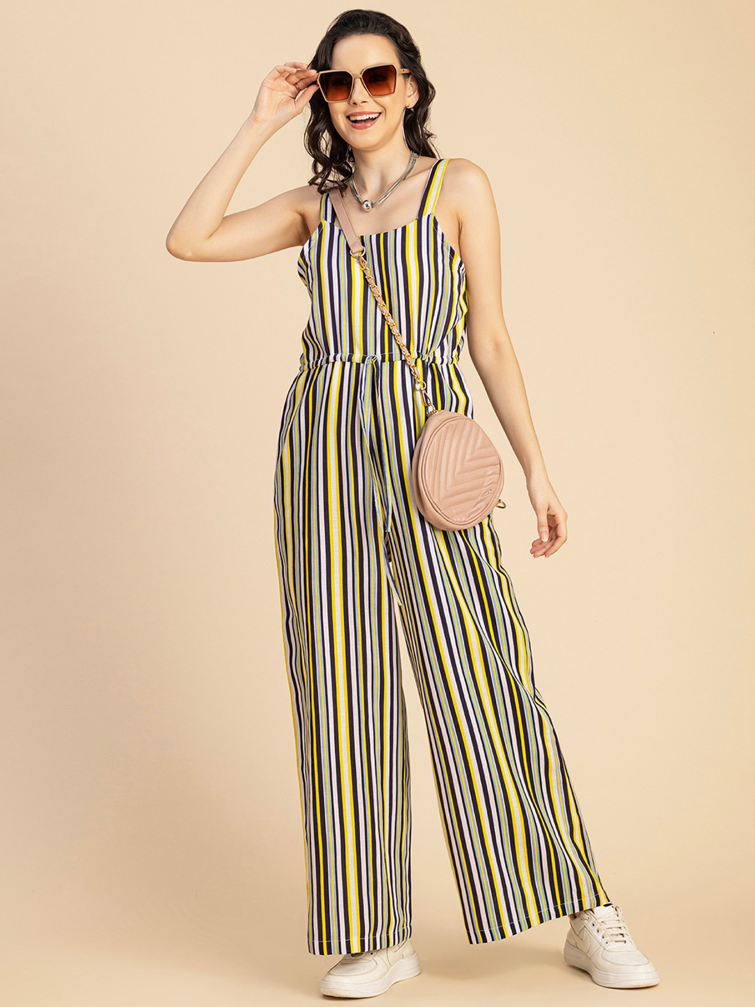 Moomaya White & Navy Cotton Blend Striped Jumpsuit