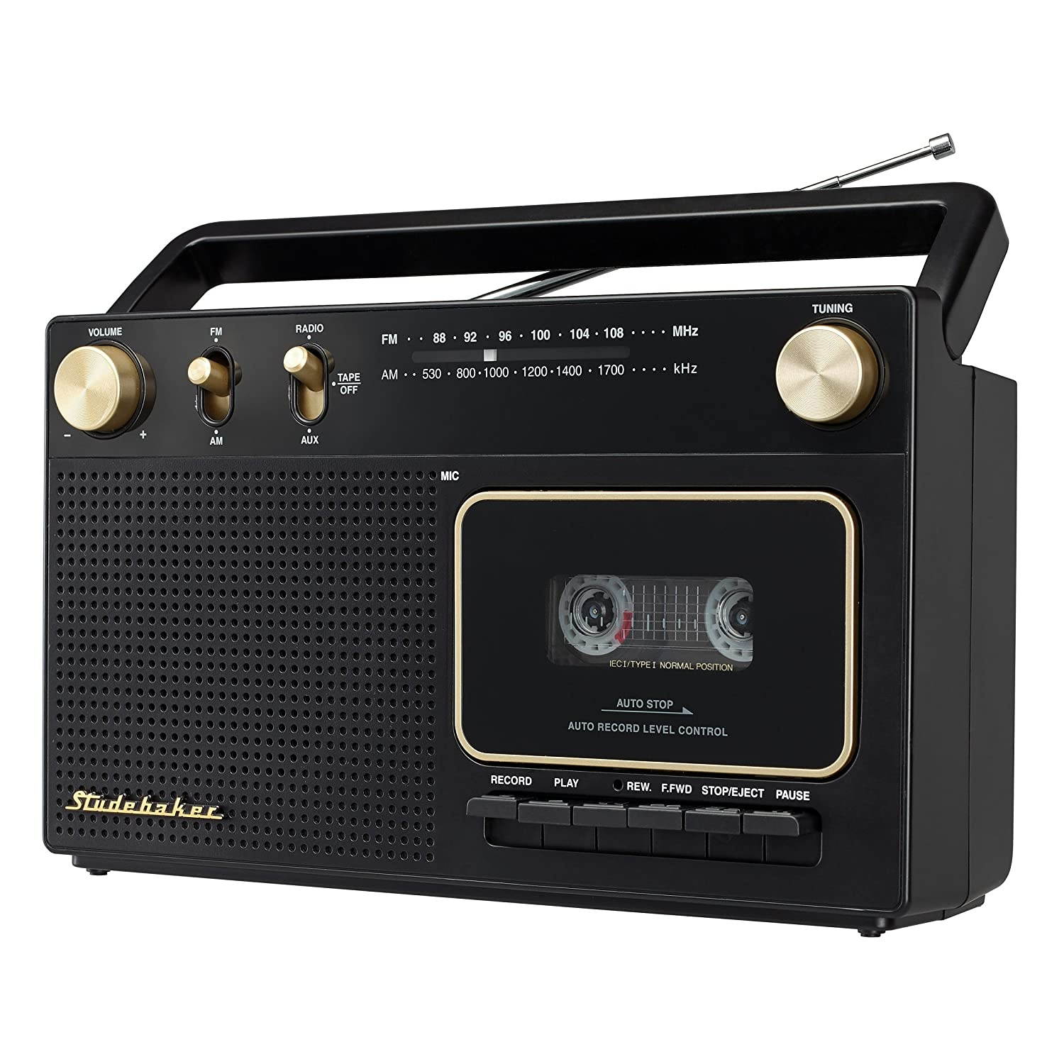 Studebaker Portable Retro Home Audio Stereo AM/FM Radio & Cassette Player/Recorder with Aux Input Jack & Built in Speakers (Gold)