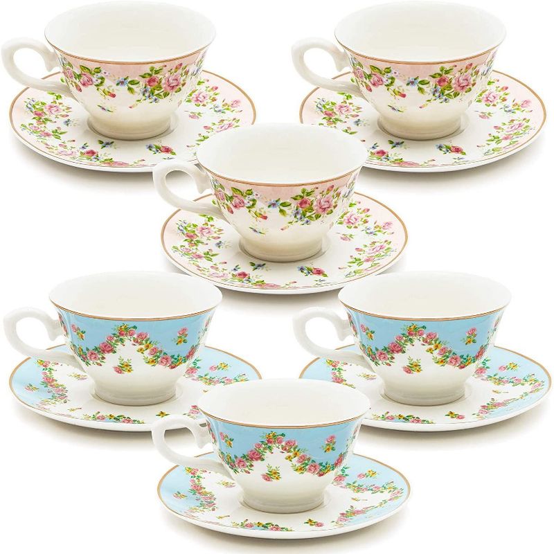 Sparkle and Bash 12 Pack 6 Tea Cups 6 Saucers for Tea Party, 2 Vintage Floral Designs (8 oz)