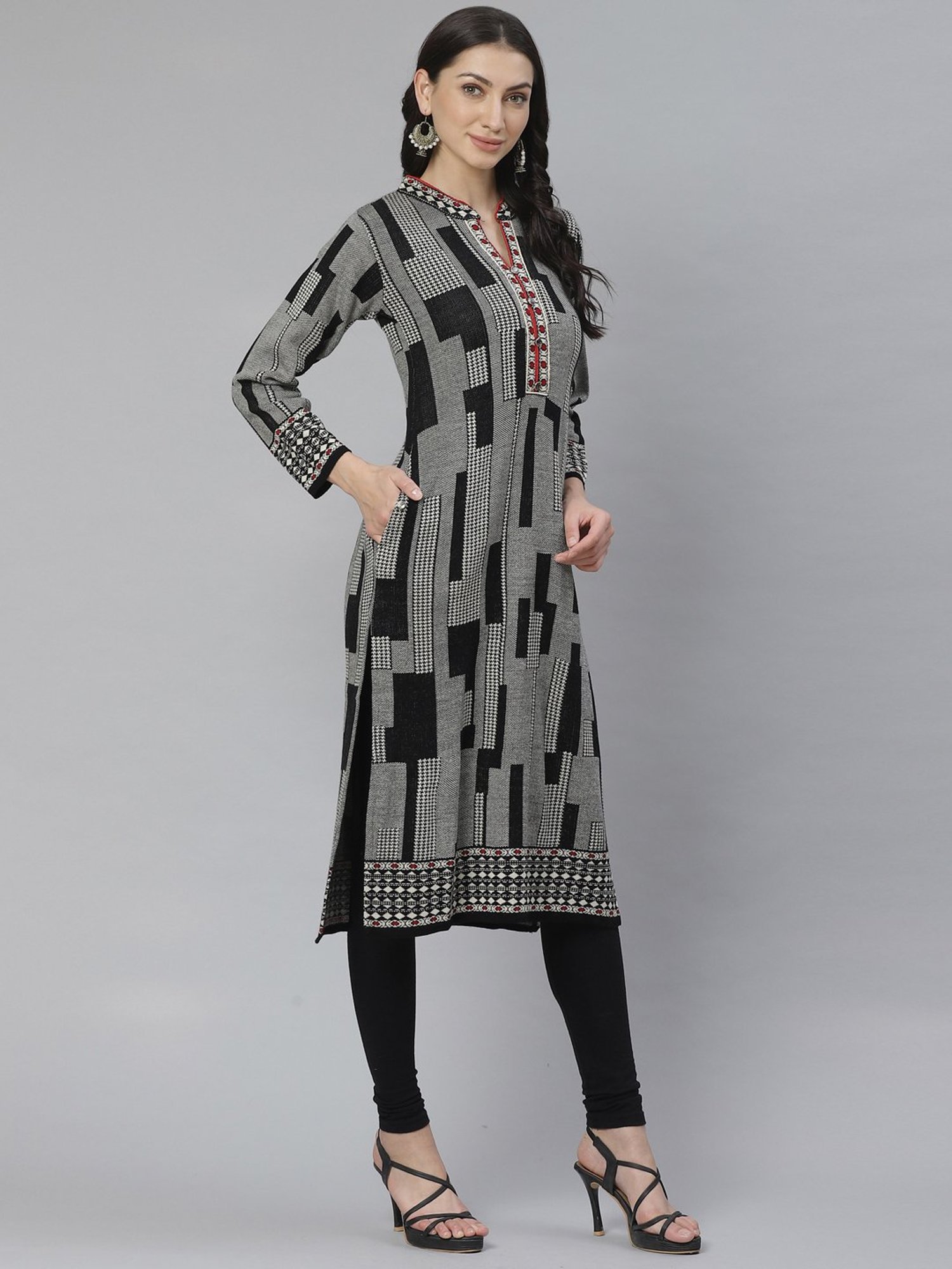 Cayman Black & White Woven Pattern Straight Kurta