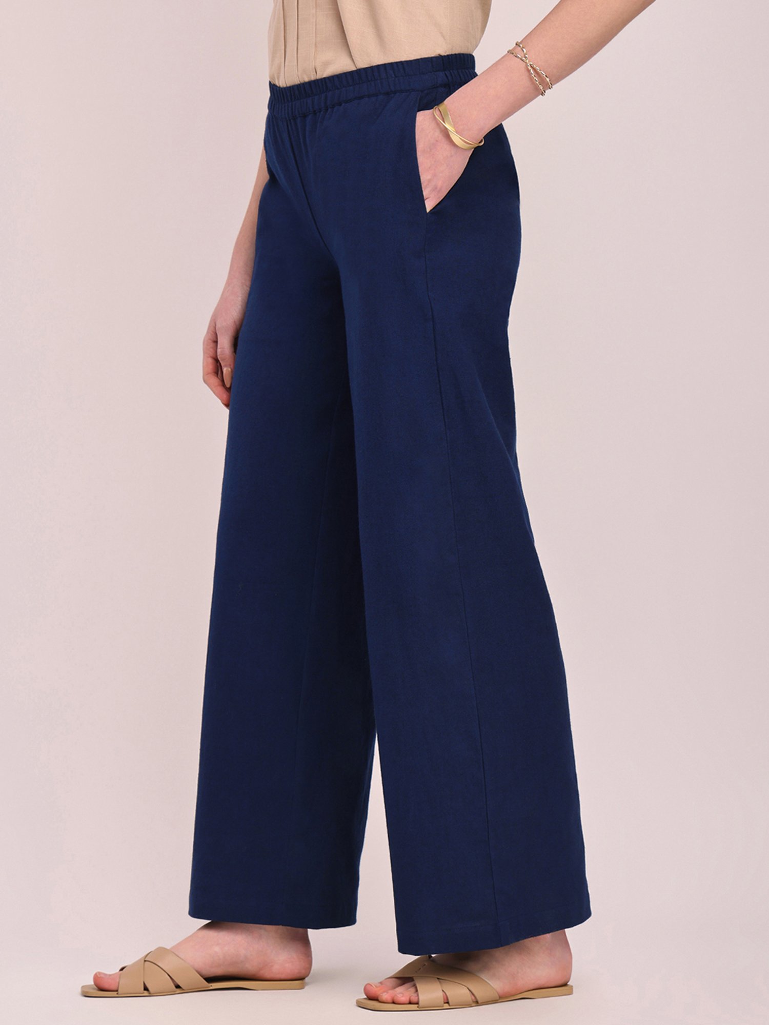 Pink Fort Navy Cotton Relaxed Fit Palazzos
