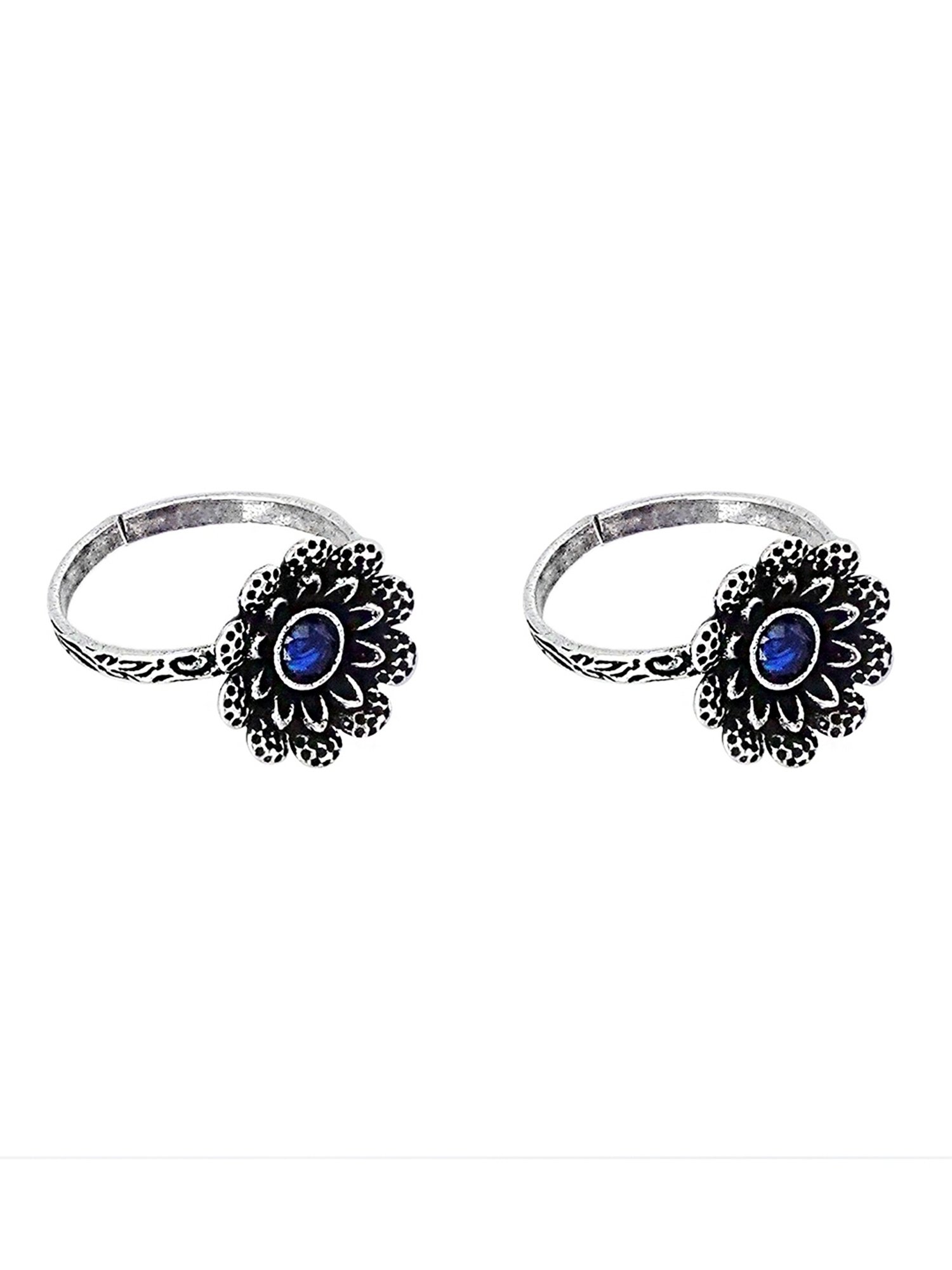 Teejh Ethnic Tishya Dark Blue Stone Silver Oxidized Toe Rings for Women