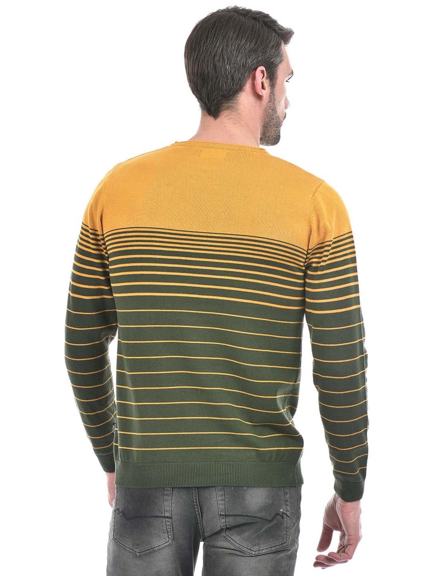 Integriti Mustard & Olive Regular Fit Striped Cotton Sweater