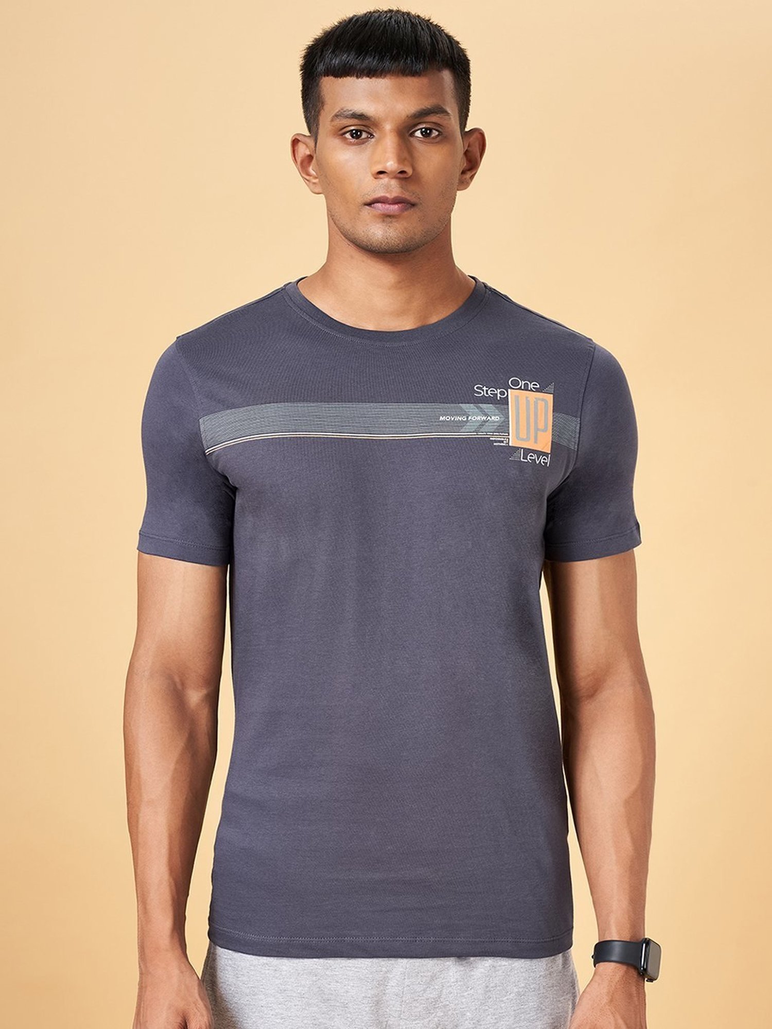 Ajile by Pantaloons Dark Grey Cotton Slim Fit Printed T-Shirt