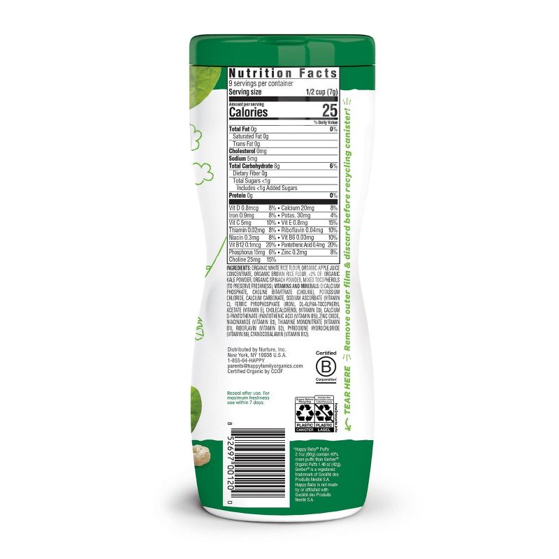HappyBaby Superfood Kale & Spinach Gluten Free Puffs - 2.1oz