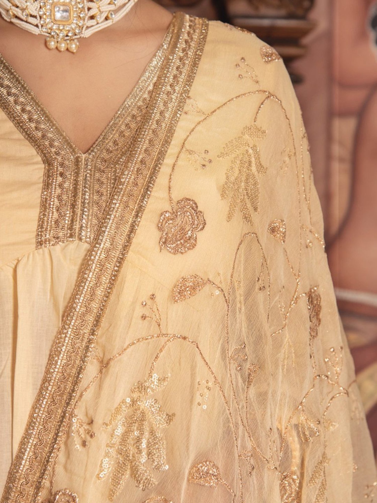 Calmna Saiba Beige Angular Gotapatti Suit Set