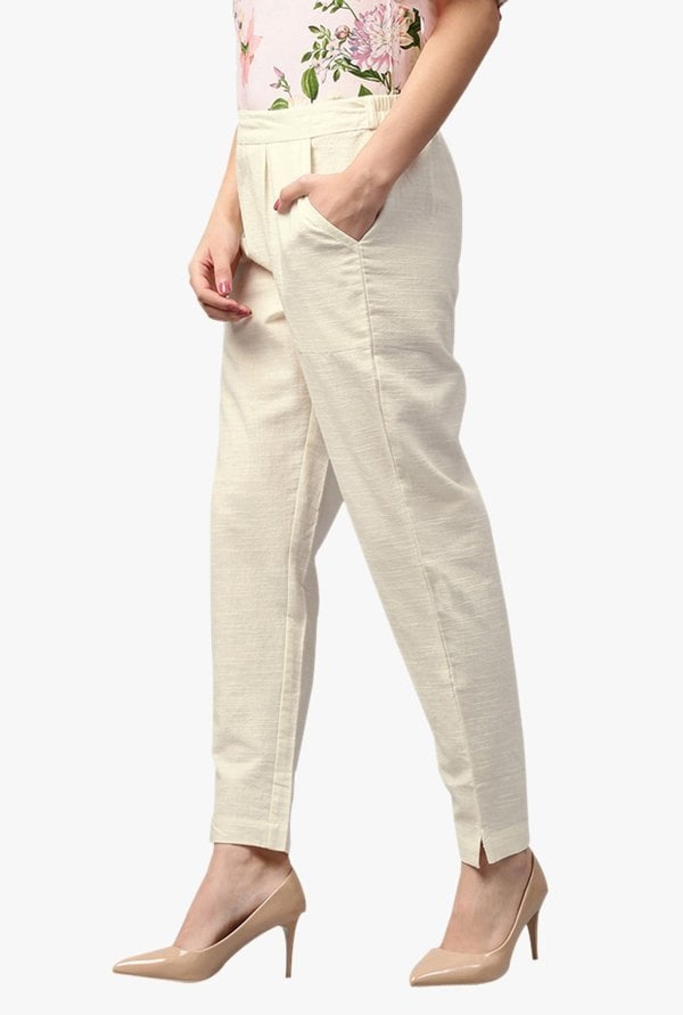 Jaipur Kurti Cream Regular Fit Cotton Pleated Pants