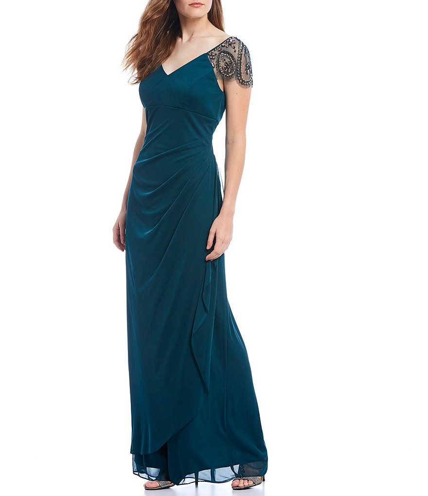 Xscape V-Neck Ruched Back Illusion Beaded Short Sleeve Asymmetrical Gown