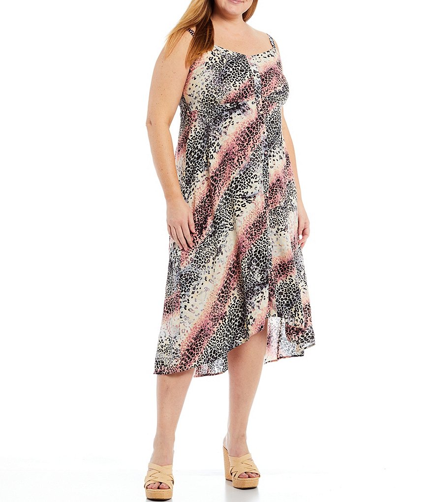 Jessica Simpson Plus Size Fria Marble Cheetah Print Sleeveless V-Neck Hi-Low Button Front Dress