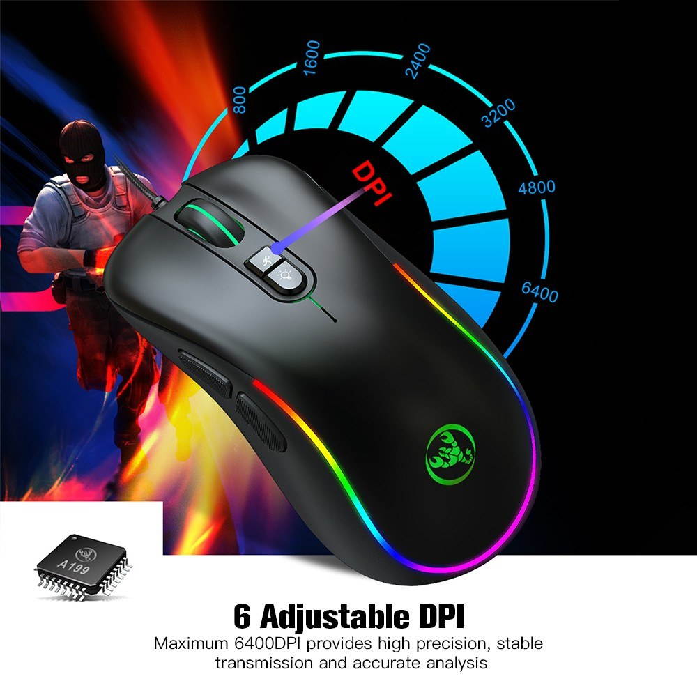 HXSJ J300 Wired Gaming Mouse Seven-key Macro Programming Mouse Six Adjustable DPI Colorful RGB Gaming Mouse Black