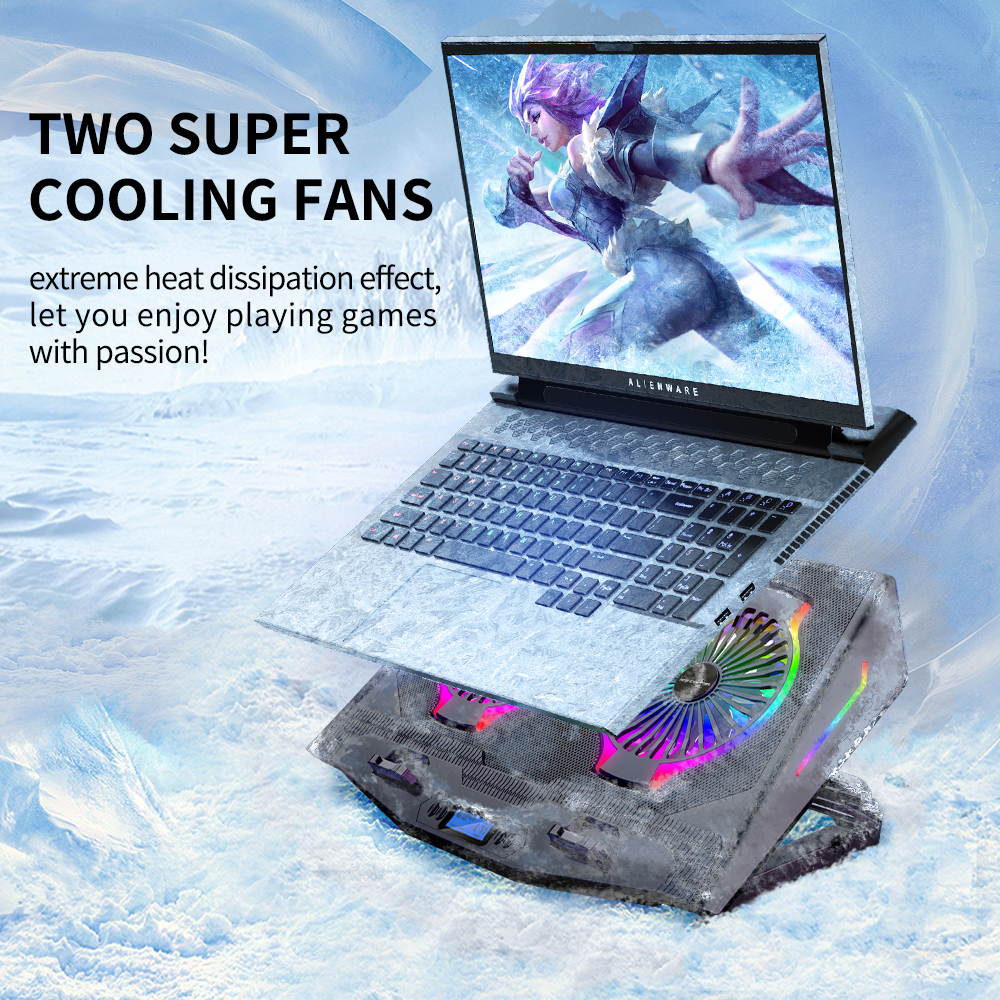 ICE COOREL RGB Laptop Cooling Pad Wing Cooler,Laptop Cooling Stand with Compatible 14-21"Laptop,2 Fans Strong Wind 5Stand Height Adjustable,LCD Screen ,Rainbow Lights,Two USB Ports and One Phone Stand