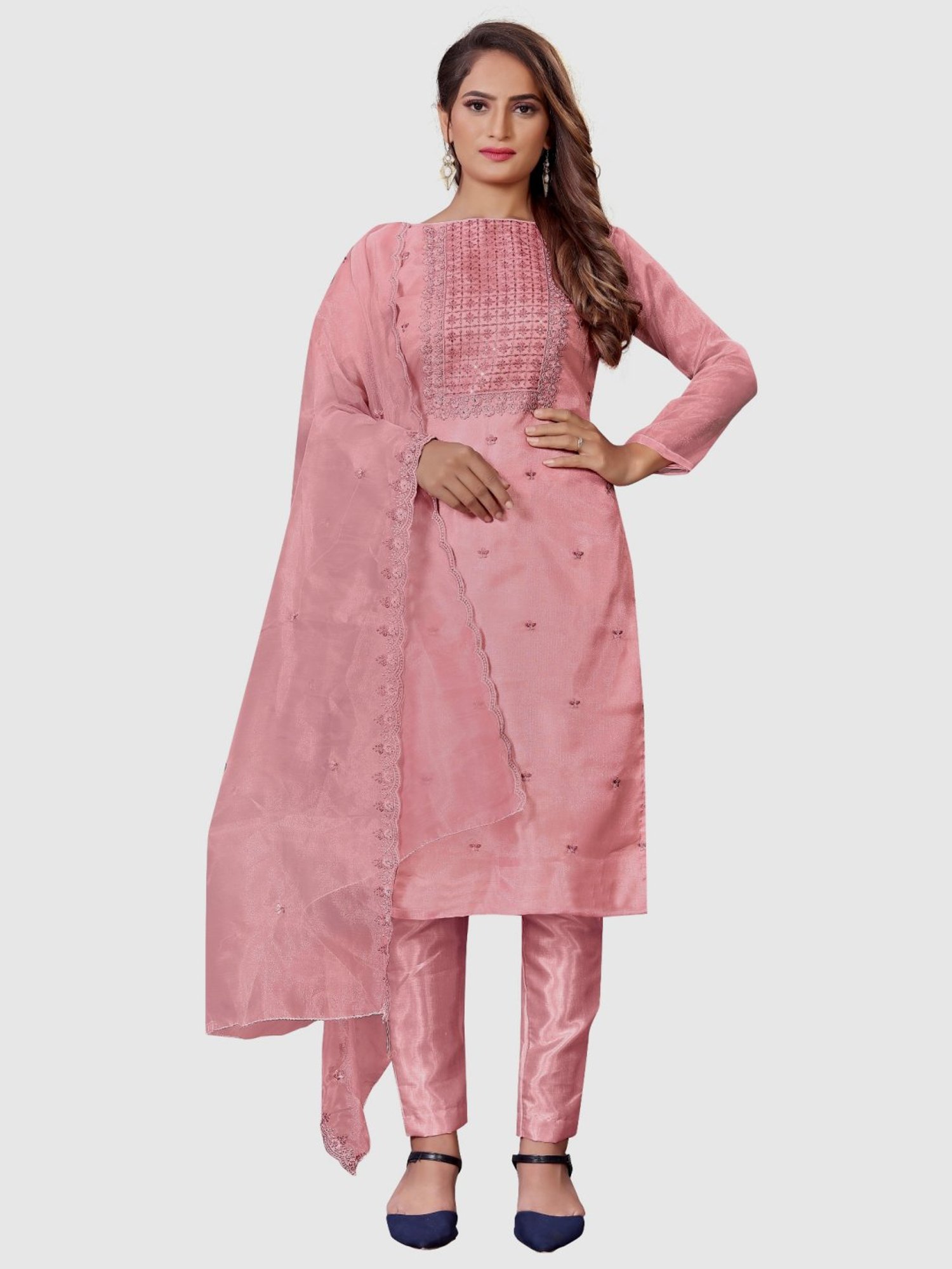 APNISHA Pink Embroidered Unstitched Dress Material