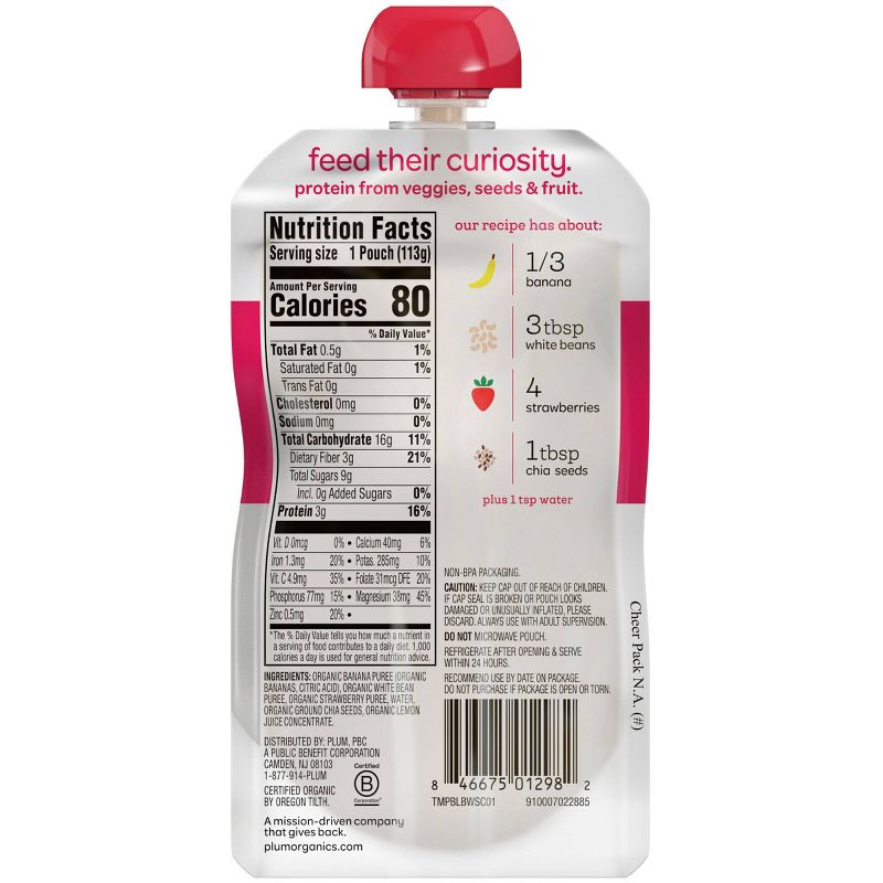 Plum Organics Mighty Protein & Fiber Banana White Bean Strawberry & Chia Baby Food Pouch - 4oz