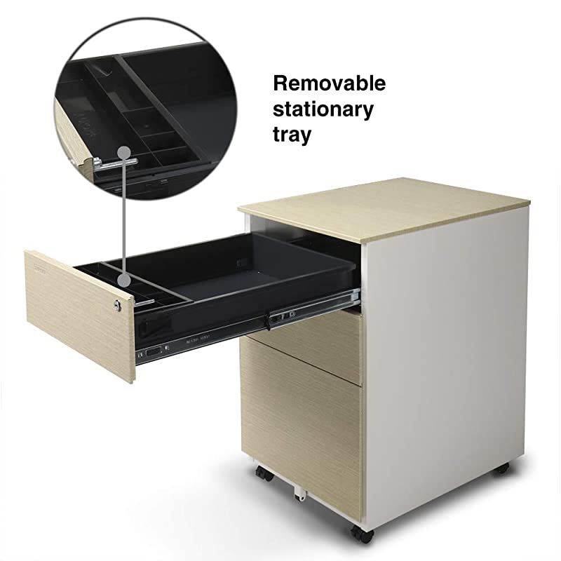 FC-103LW Modern Soho Design 3-Drawer Metal Mobile File Cabinet with Lock Key/Fully Assembled, White/Light Wenge