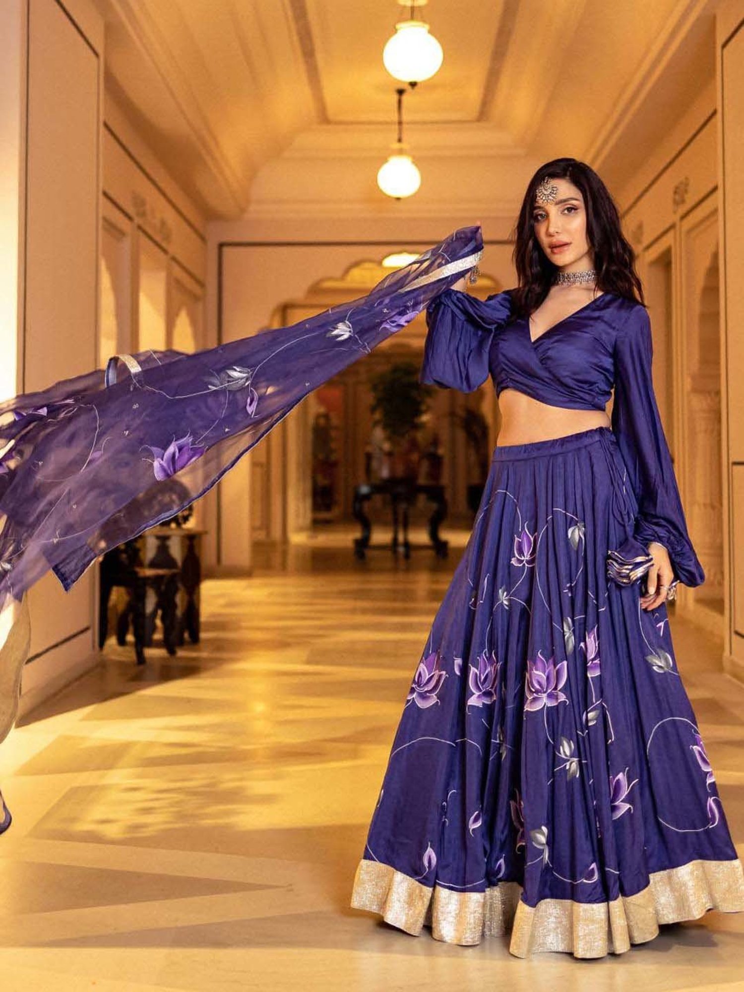 AACHHO Purple Floral Print Lehenga Choli Set With Dupatta