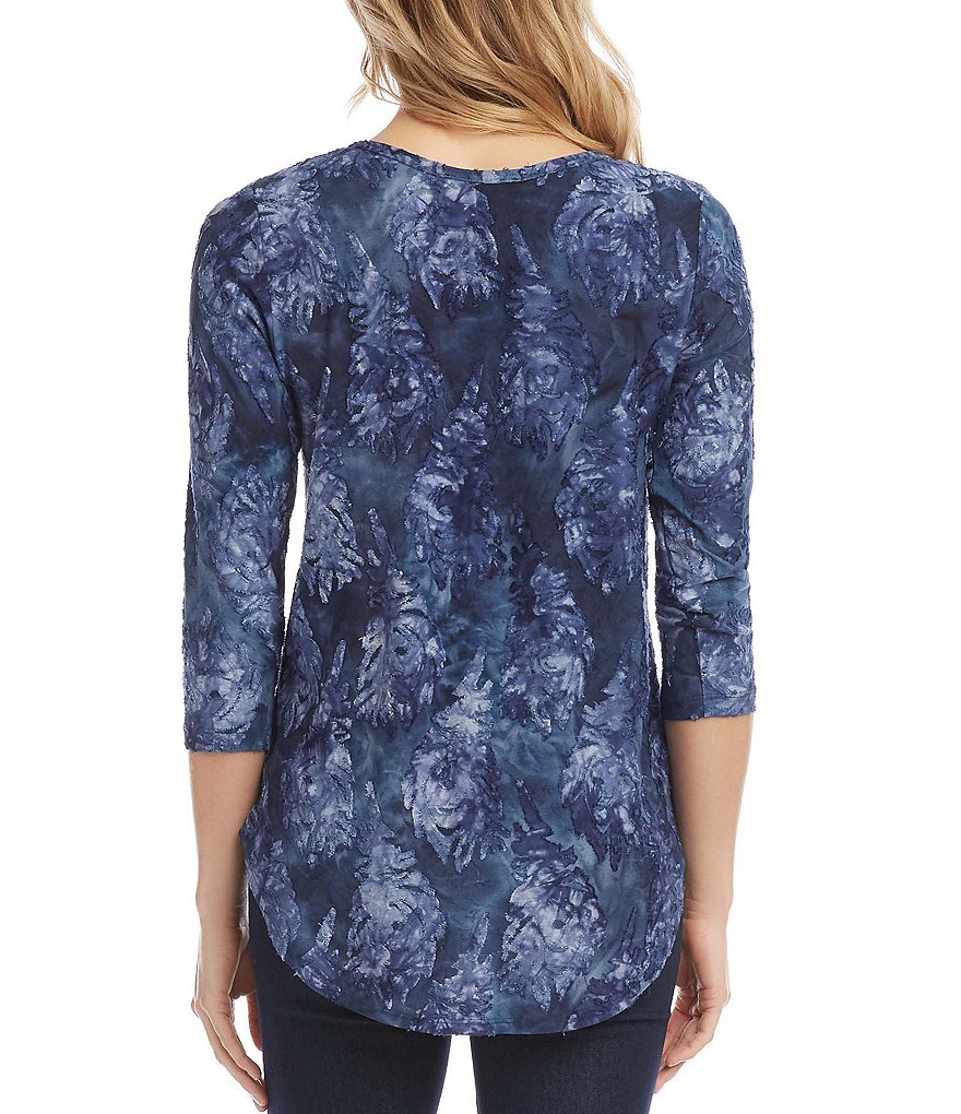 Karen Kane Petite Size Tie-Dye Jacquard Burnout 3/4 Sleeve Shirttail Tee