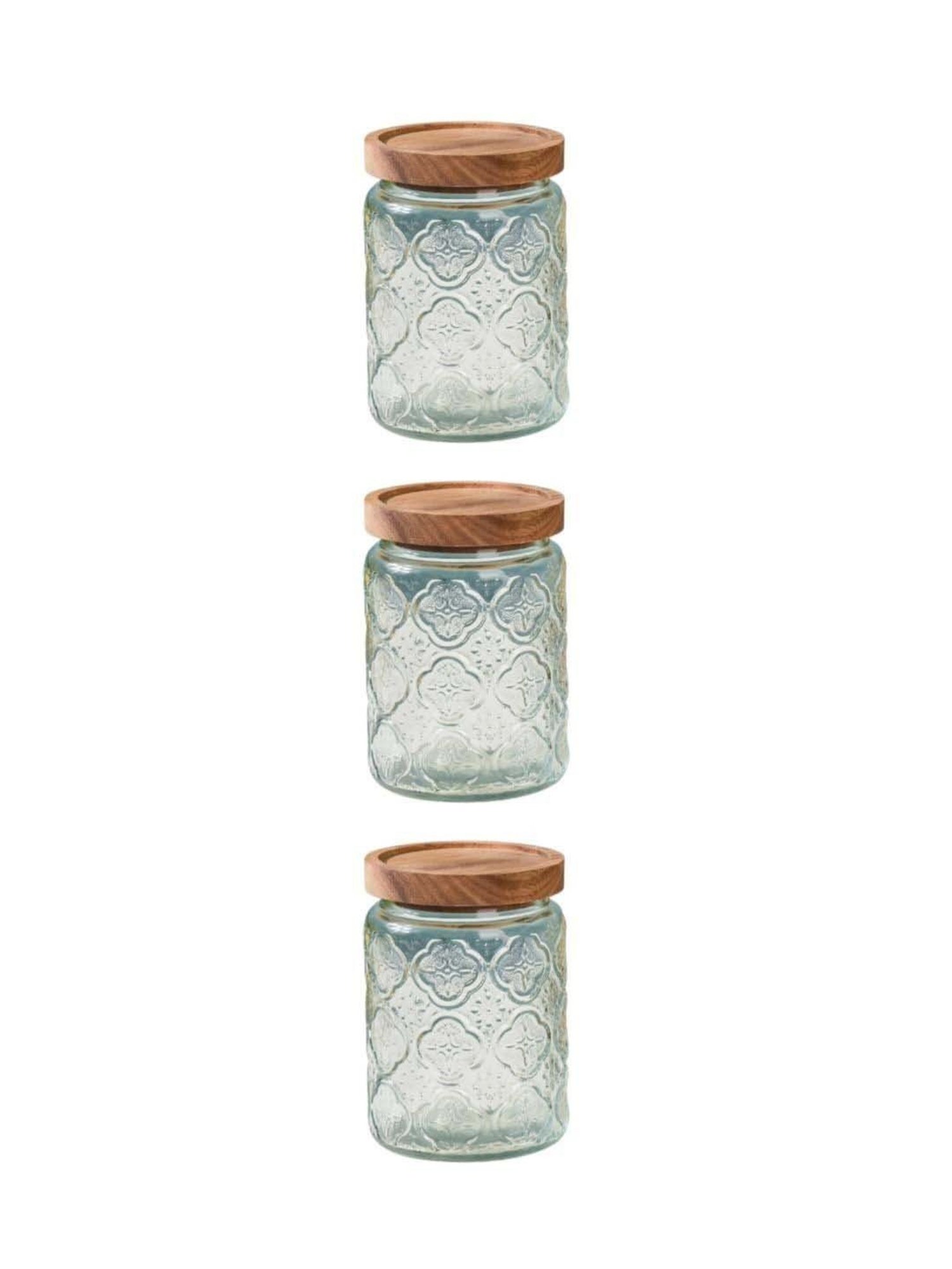 Nestasia Premium Quality Vintage Patterned Transparent Glass Jar With Wooden Airtight Lid(Set Of 3)