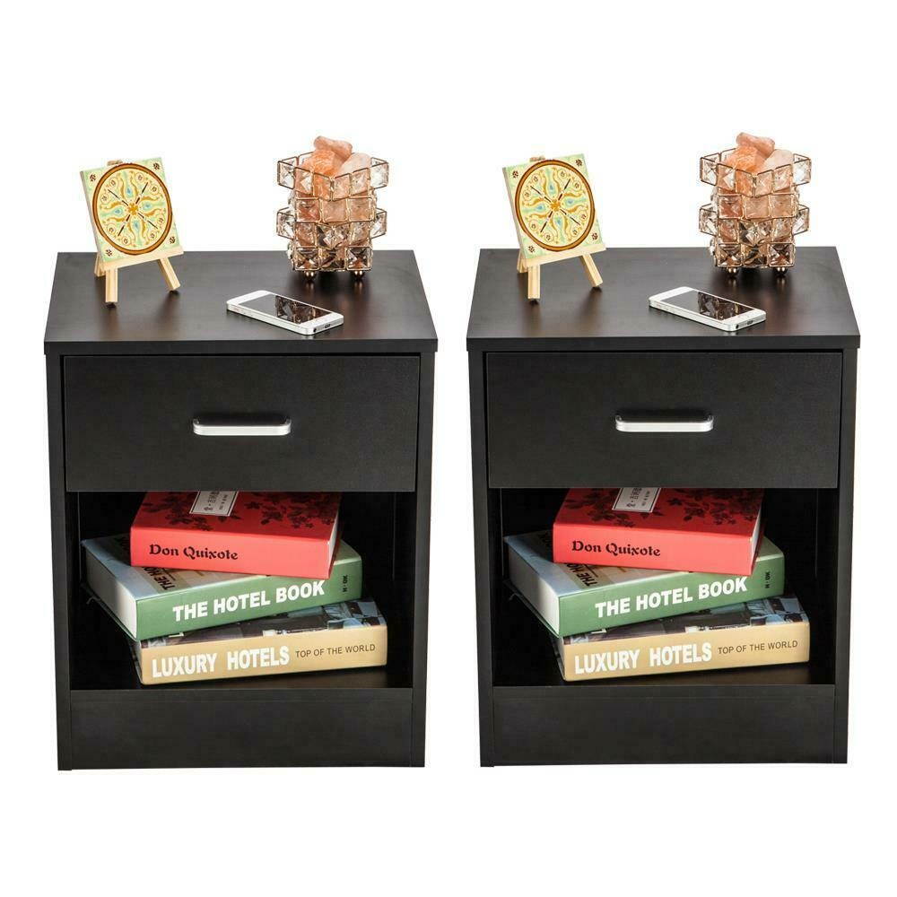 Bedroom Bedside Furniture Nightstand Set of 2 End Table Shelf Drawer Black