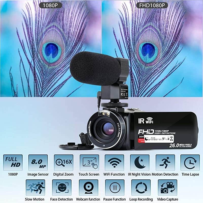 Camera Camcorder WiFi IR Night Vision FHD 1080P 30FPS YouTube Vlogging Camera Recorder 26MP 30 Touch Screen 16X Digital Zoom Camcorder with MicrophoneRemote and 2 Batteries