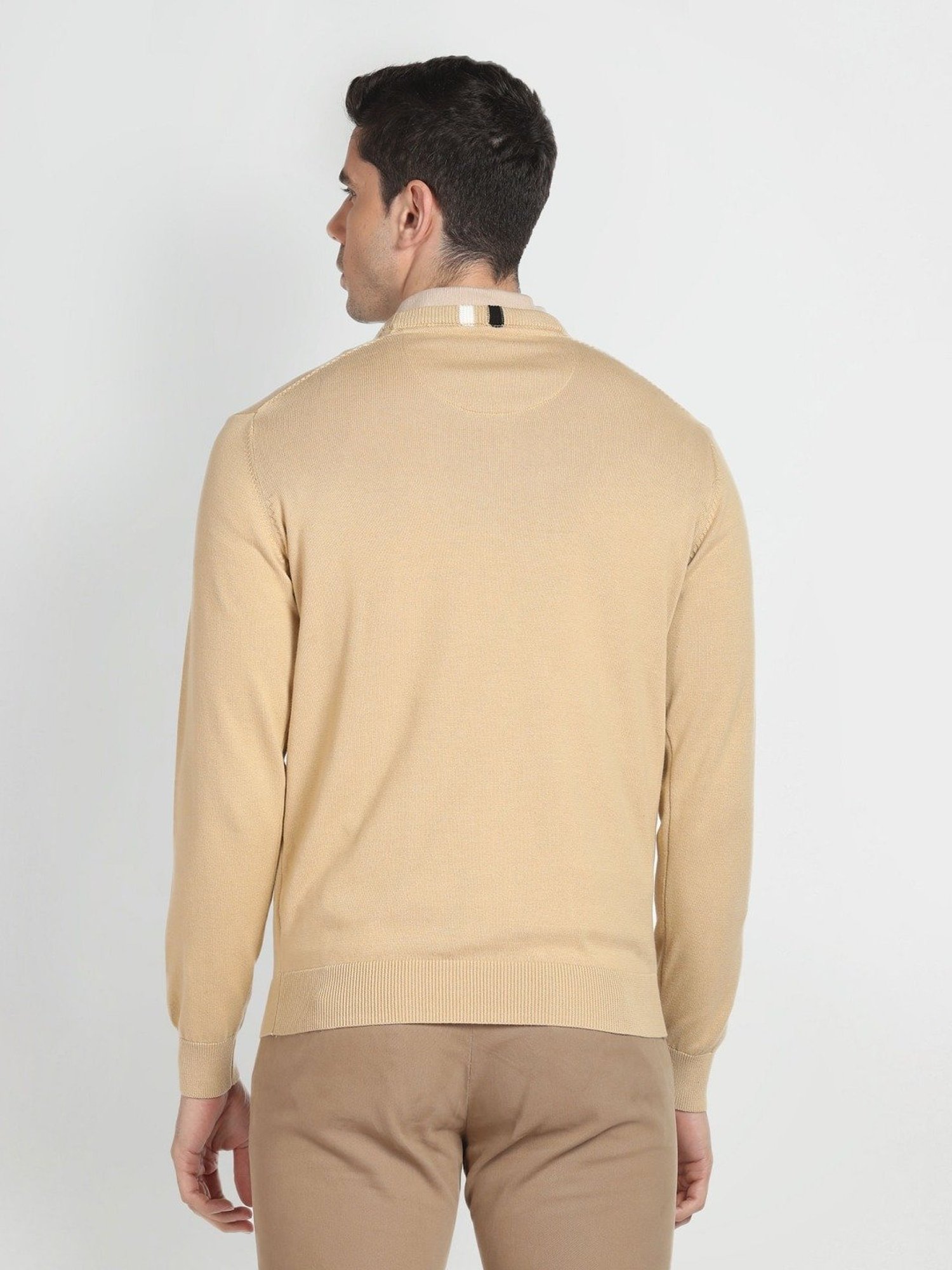 Arrow Sport Beige Cotton Regular Fit Striped Sweater