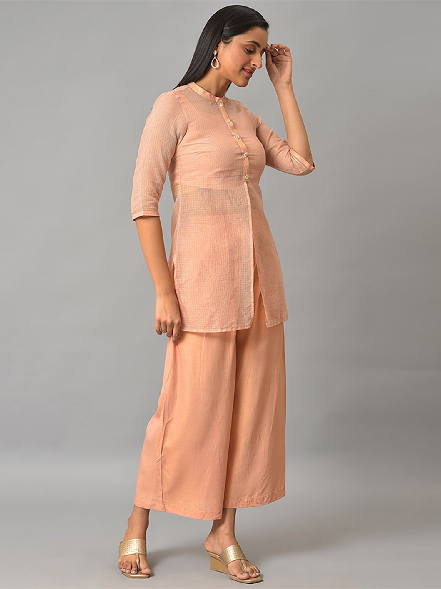 Aurelia Peach Printed Crop Top Palazzo Set With Overlay