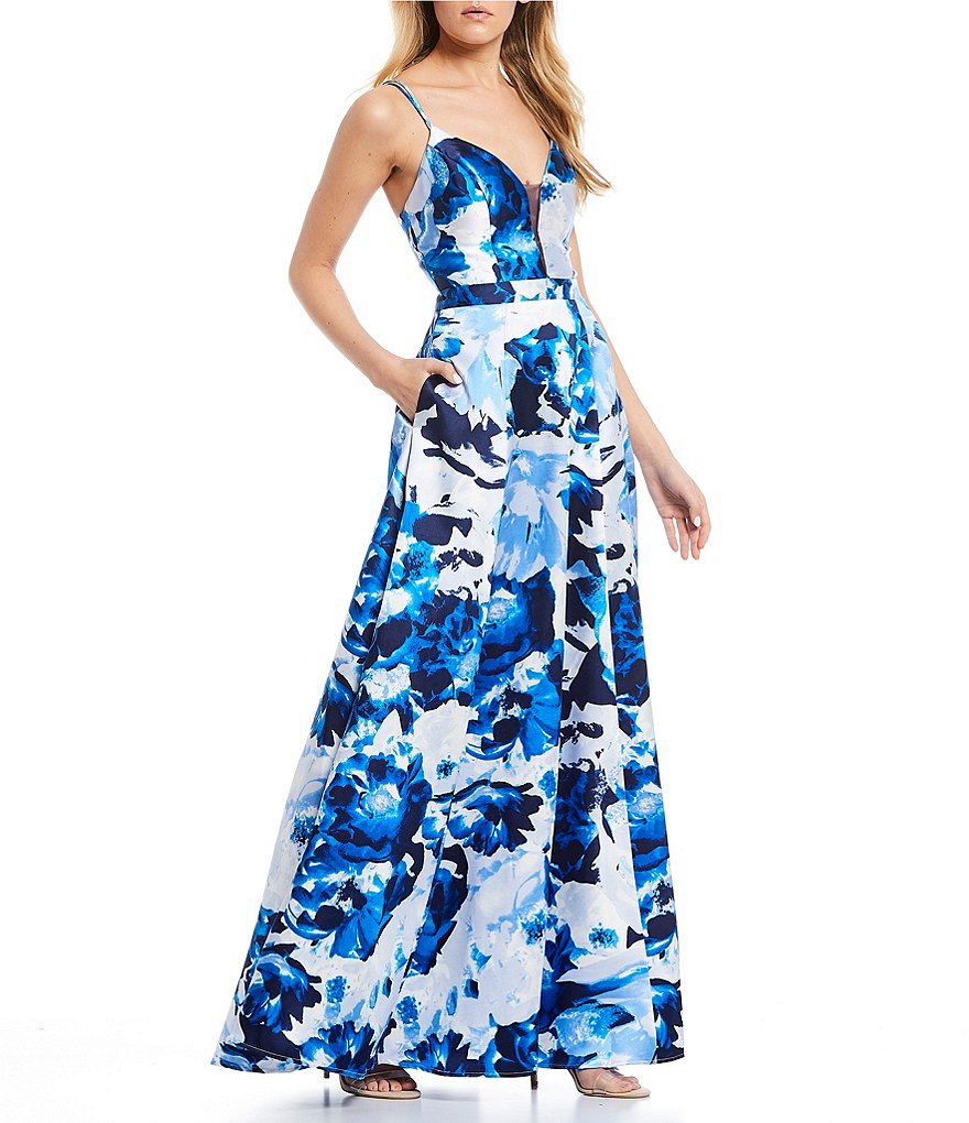 Sequin Hearts Spaghetti Strap V-Neck Floral Print Ball Gown