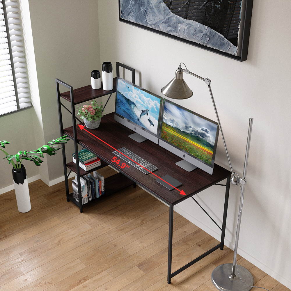 Bestier 63 Inch Computer Desk with Storage Shelves, Modern Bookshelf Desk with Headphone Hook Large Workstation Writing Desk with Reversible Bookshelves Home Office Work Table Study Desk Grey