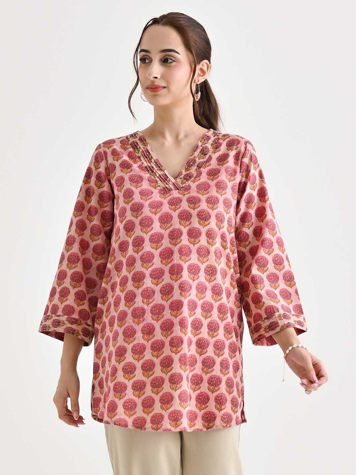 Rustorange Pink Cotton Floral Print A Line Short Kurti