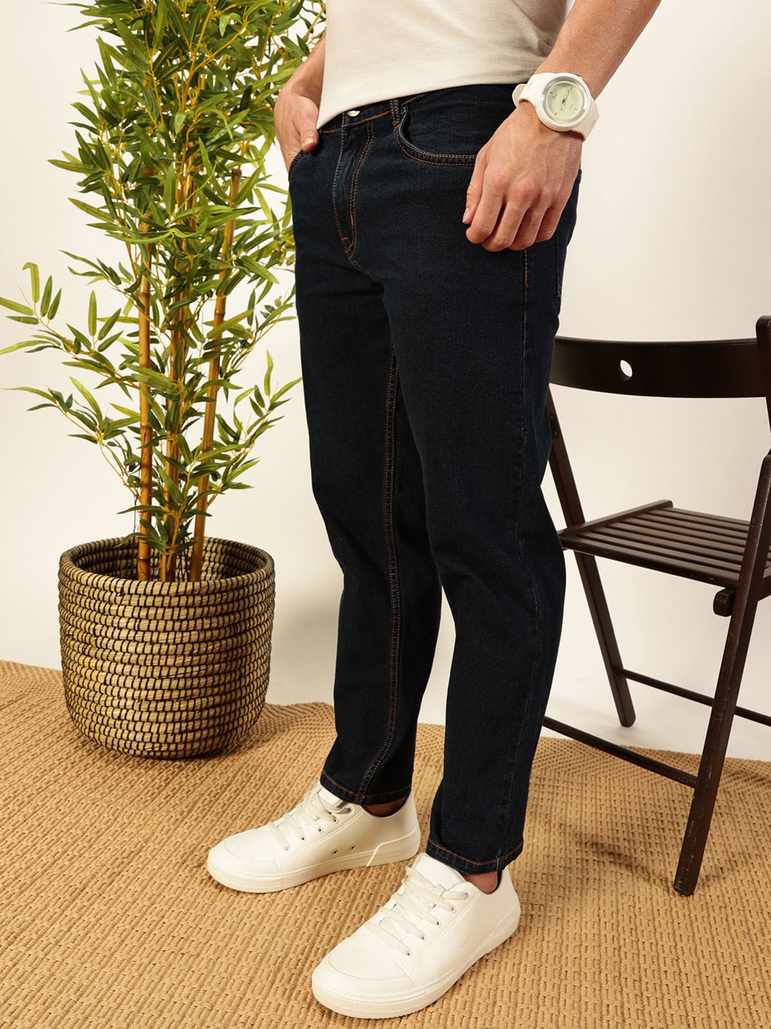 Thomas Scott Dark Blue Cotton Slim Tapered Solid Jeans