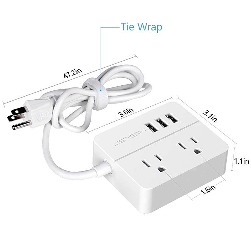 Compact Travel Power Strip with 3 USB Smart Charging Station and 2 Power Outlet White