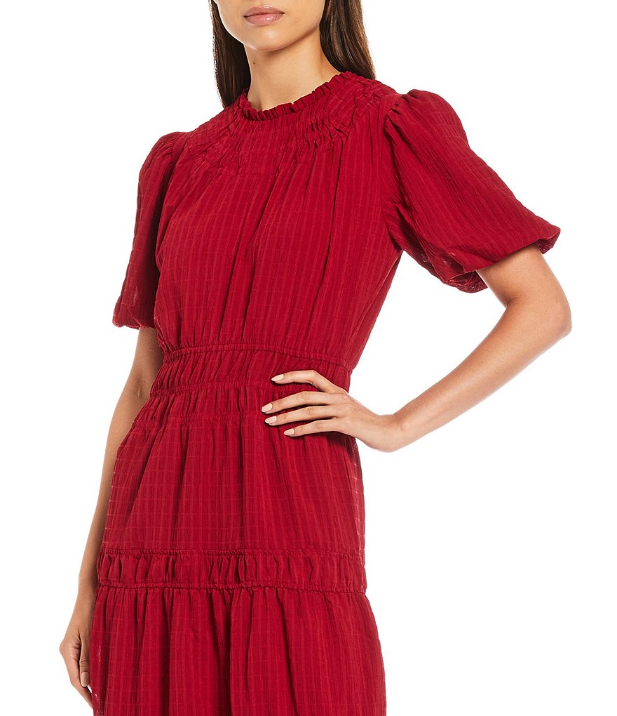 Adelyn Rae Smocked Blouson Waist Crew Neck Short Balloon Sleeve Midi Dress