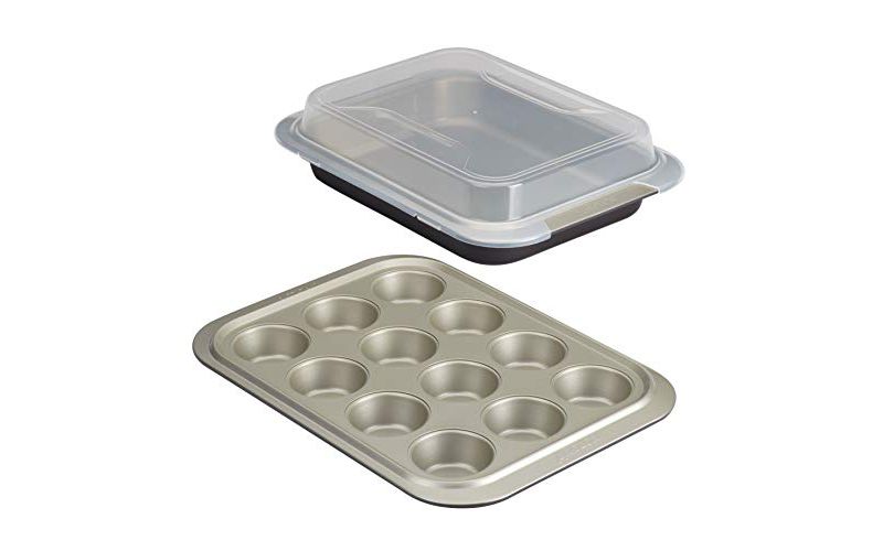 Anolon Allure Nonstick Bakeware Set includes Nonstick Baking Pan with Lid and Muffin/Cupcake Pan - 3 Piece, Onyx/Black/Pewter