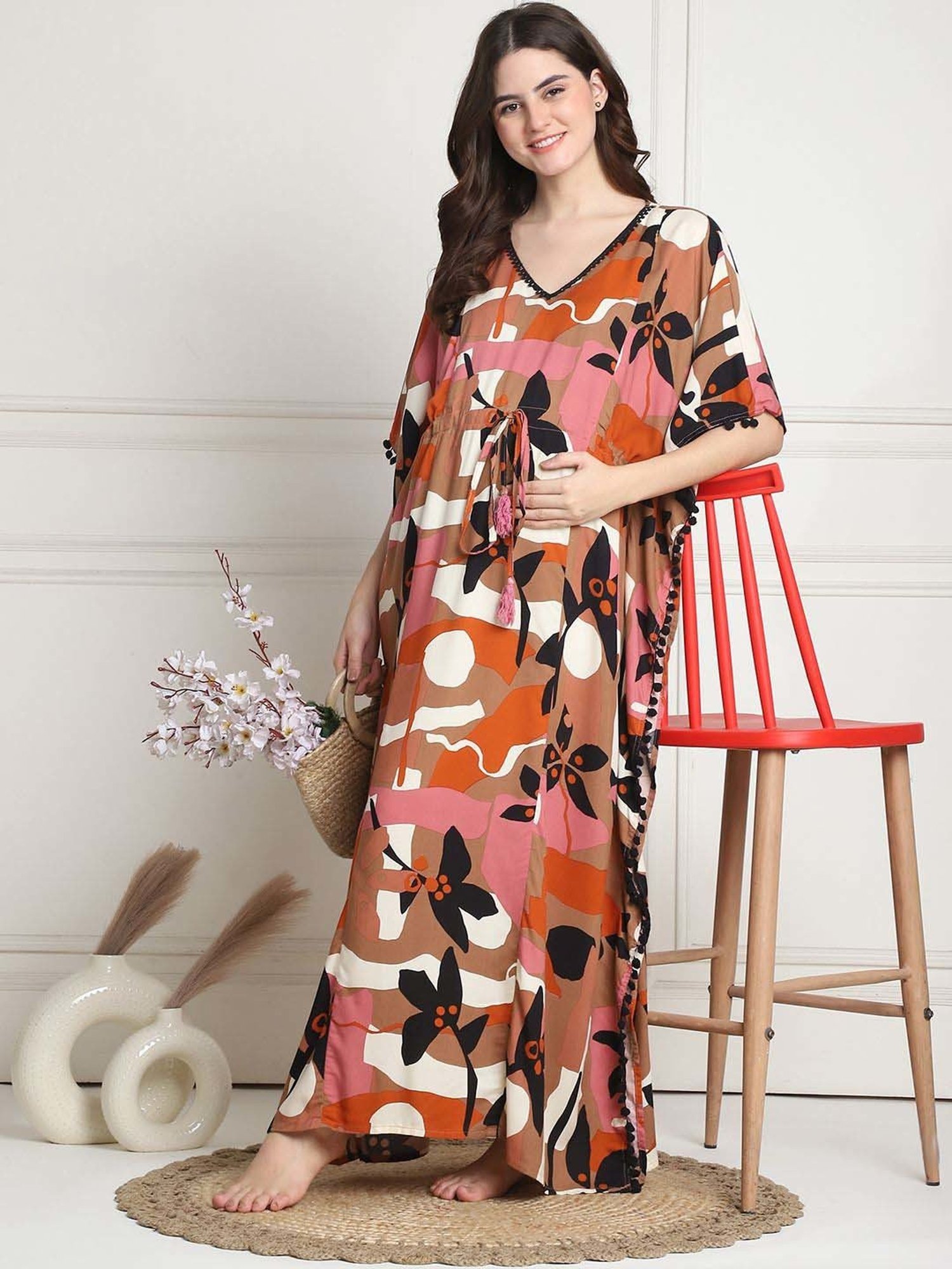 Secret Wish Brown Printed Maternity Kaftan