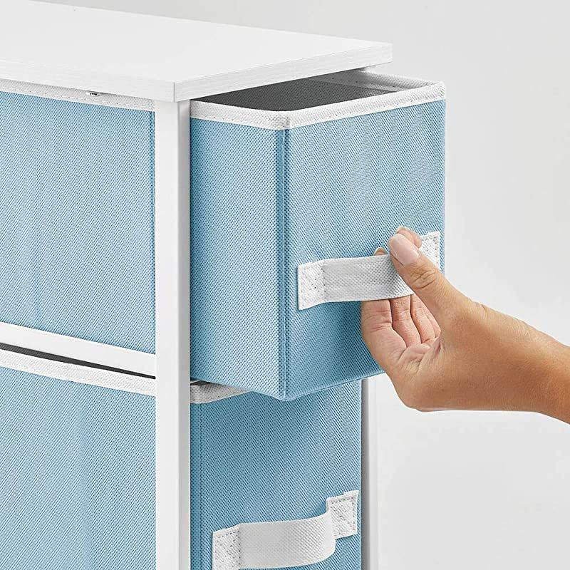 Narrow Vertical Dresser Storage Tower - Sturdy Metal Frame, Wood Top, Easy Pull Fabric Bins - Organizer Unit for Bedroom, Hallway, Entryway, Closet, 4 Drawers - Light Blue/White