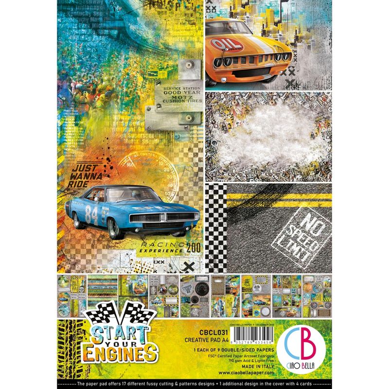 Ciao Bella Double-Sided Creative Pack 90lb A4 9/Pkg-Start Your Engines, 9 Designs/1 Each