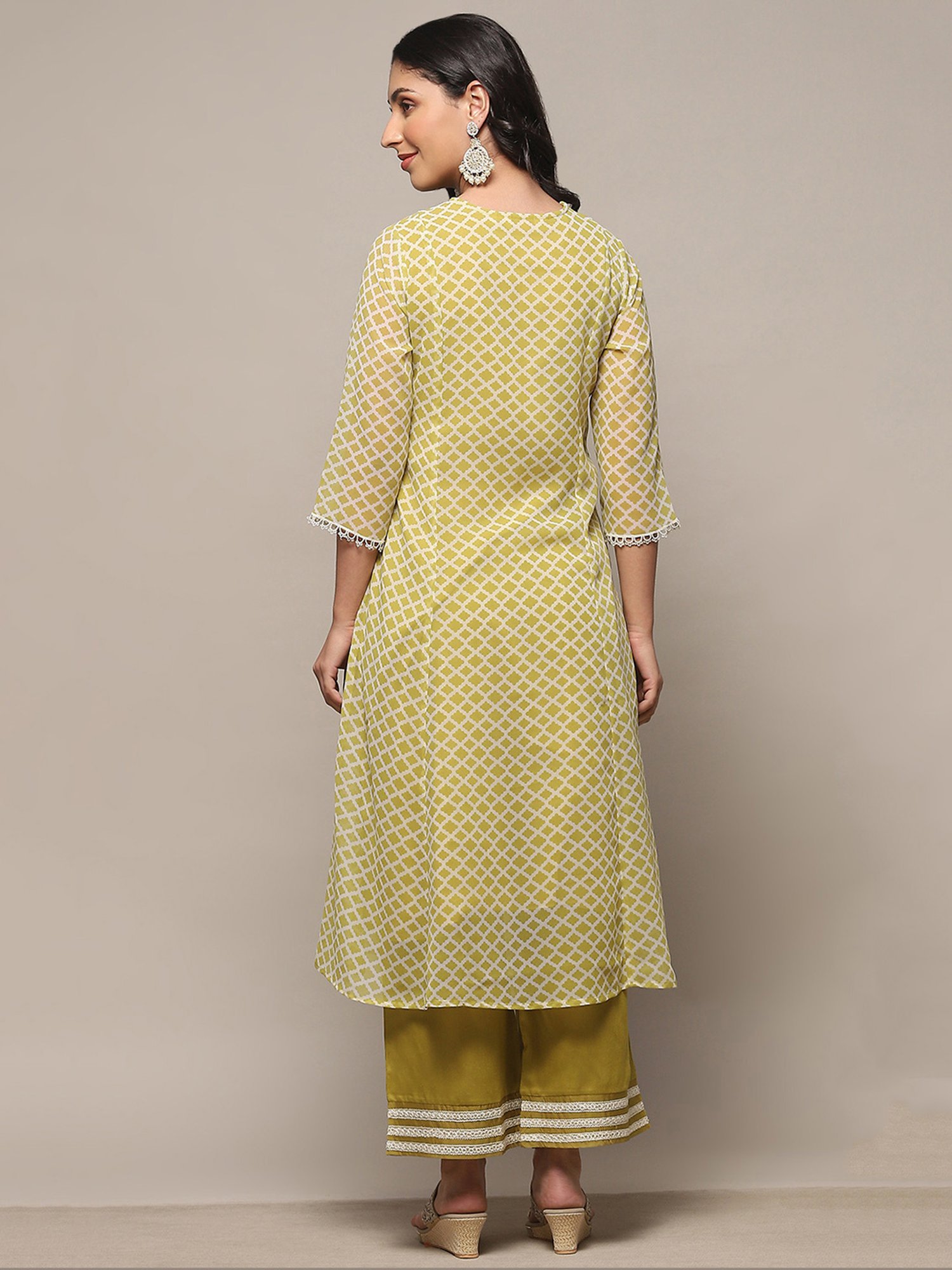 Biba Light Green Printed Kurta With Palazzo & Dupatta