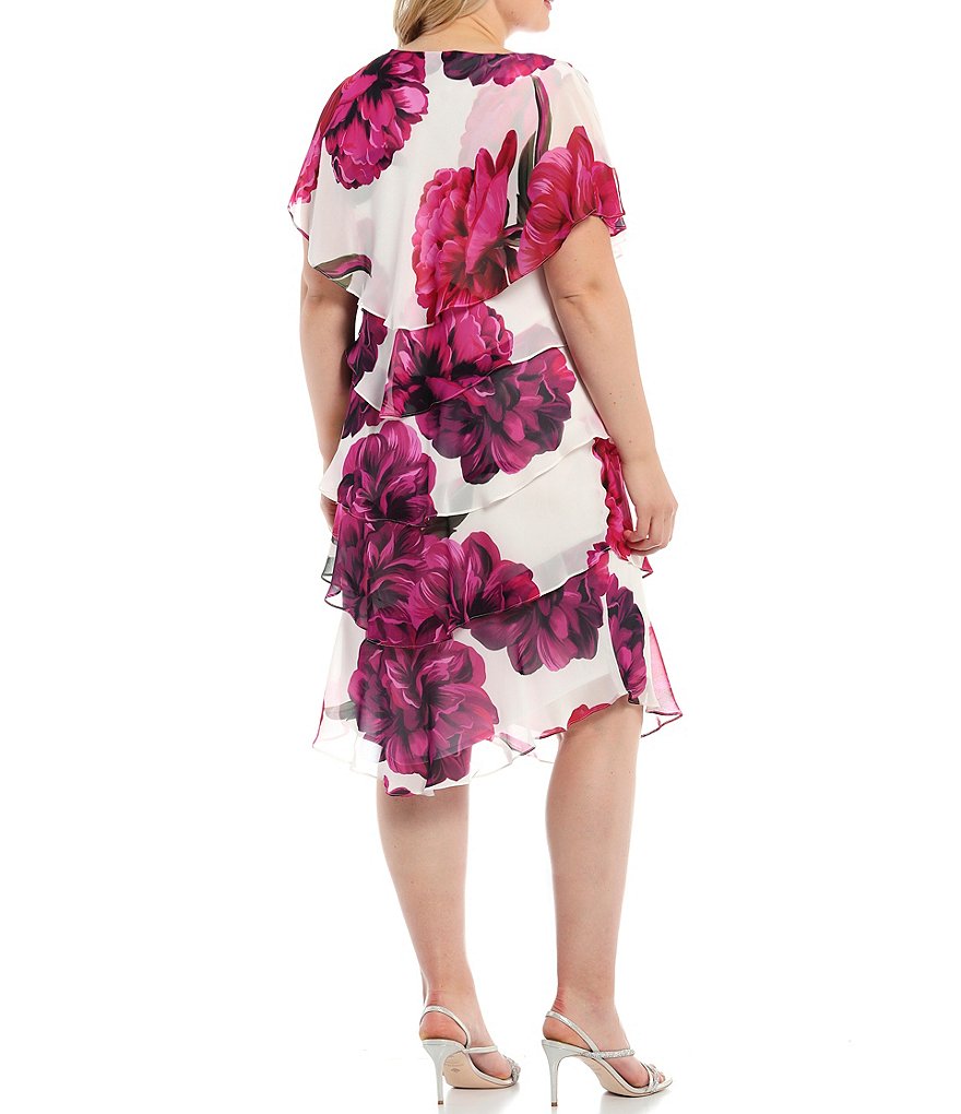 Ignite Evenings Plus Size Flutter Short Sleeve Floral Print Chiffon V-Neck Tier Dress