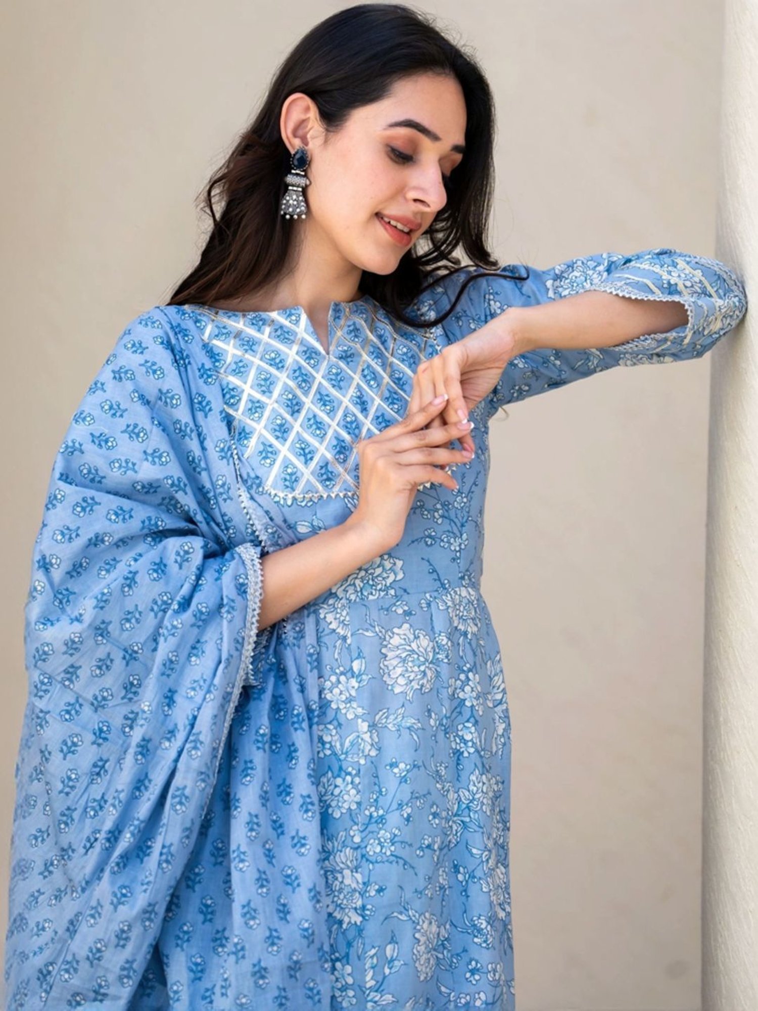 HOUSE OF JAMOTI Grey Cotton Printed A Line Kurta With Dupatta