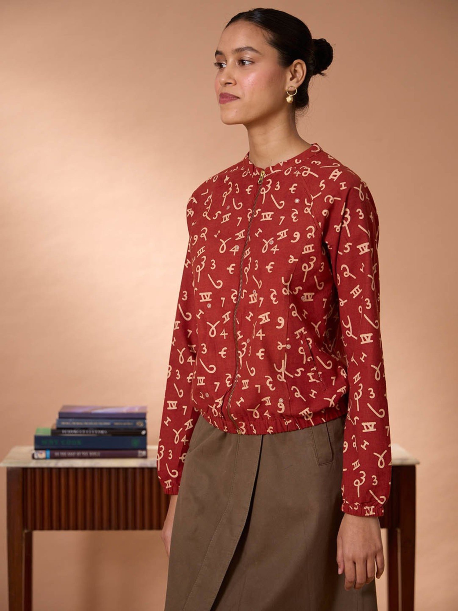 Okhai Maroon Pure Cotton Printed Bomber Jacket