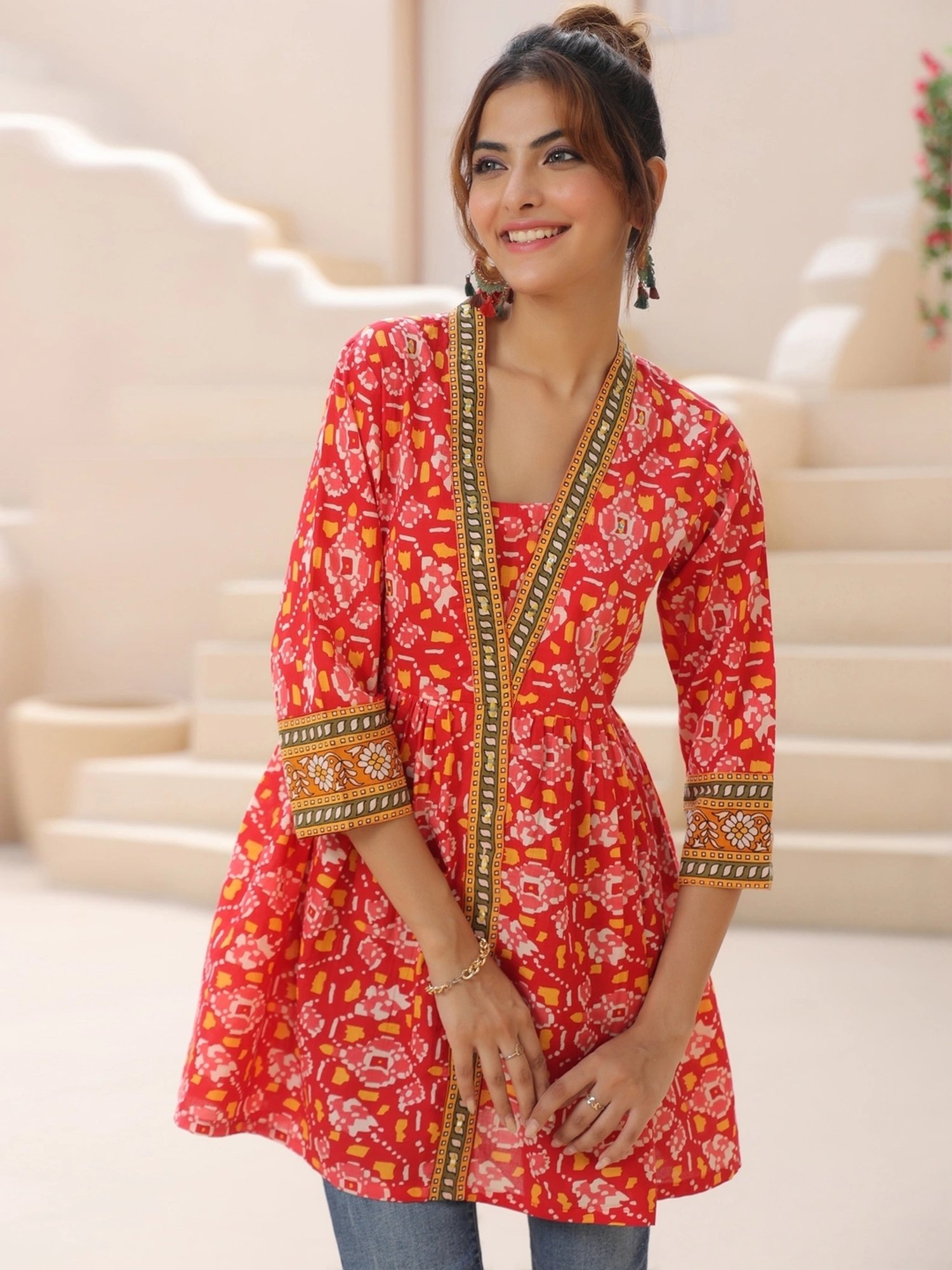 Rain and Rainbow Red Cotton Printed Top