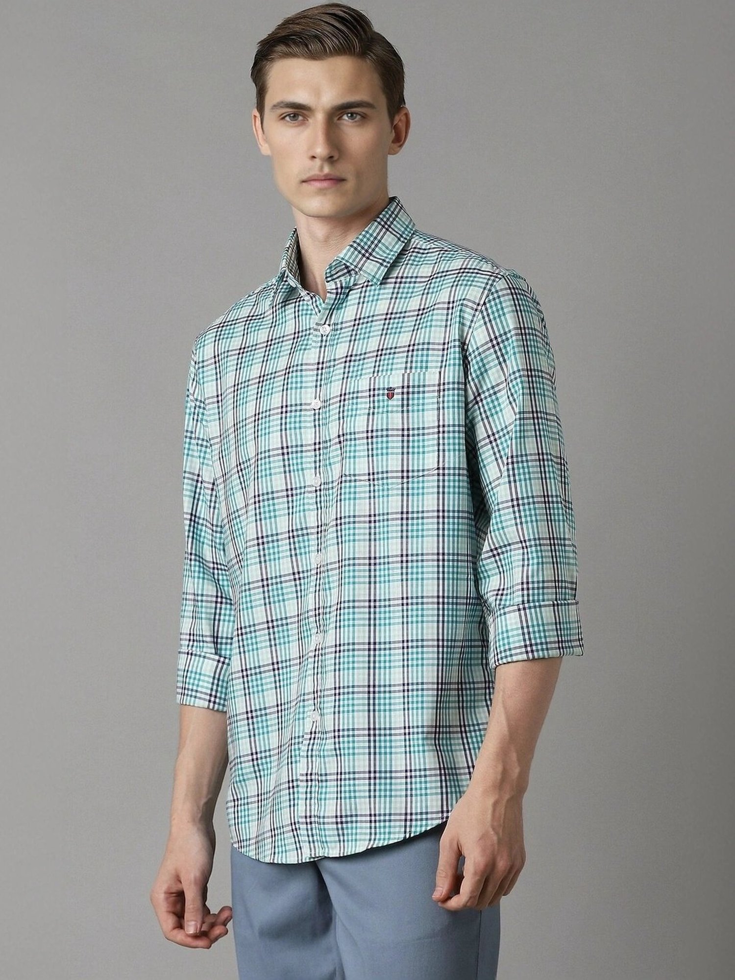 Spykar Blue Cotton Slim Fit Checks Shirt