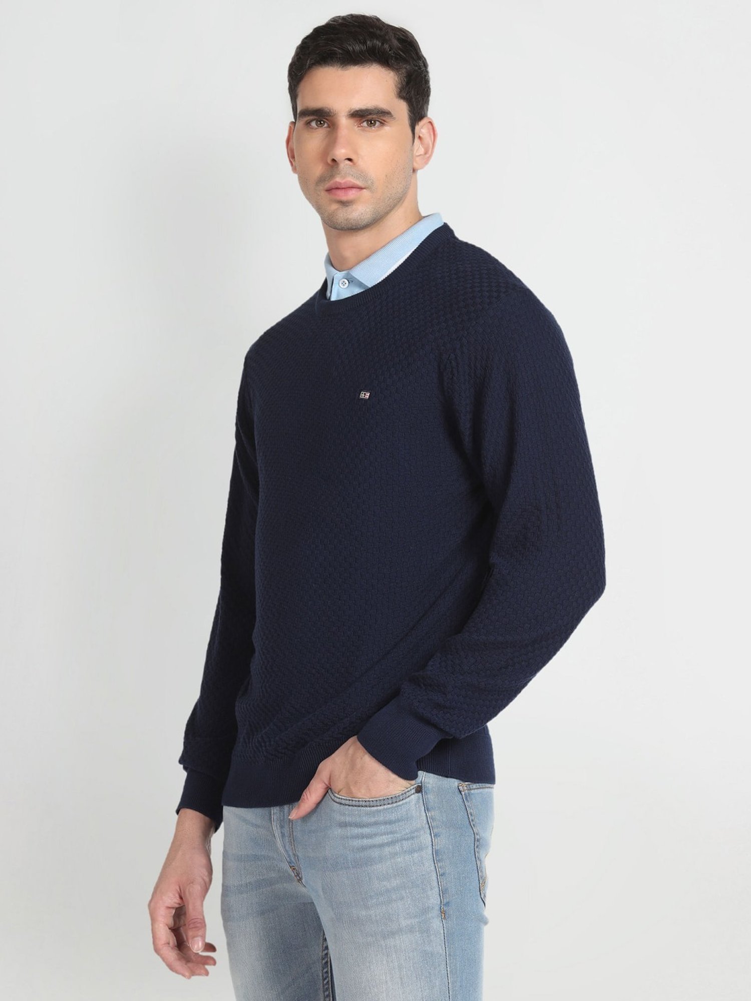Arrow Sport Navy Blue Cotton Regular Fit Self Pattern Sweater