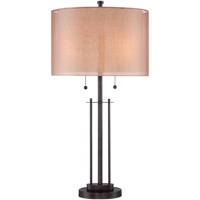 Franklin Iron Works Modern Bronze Metal Base Rose Gold Soft Tan Linen Fabric Double Drum Shade for Living Room Family Bedroom