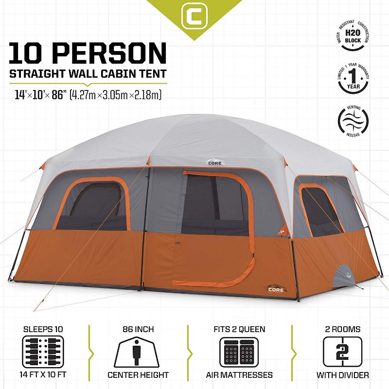 CORE Straight Wall 14 x 10 Foot 10 Person Cabin Tent with 2 Rooms & Rainfly, Red