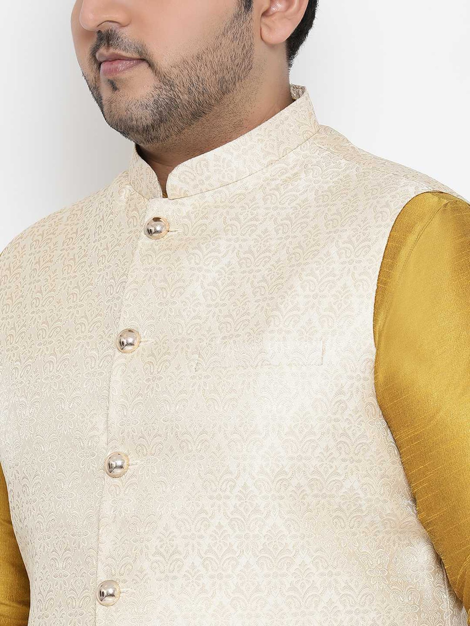 KISAH PLUS Beige Regular Fit Jacquard Nehru Jacket