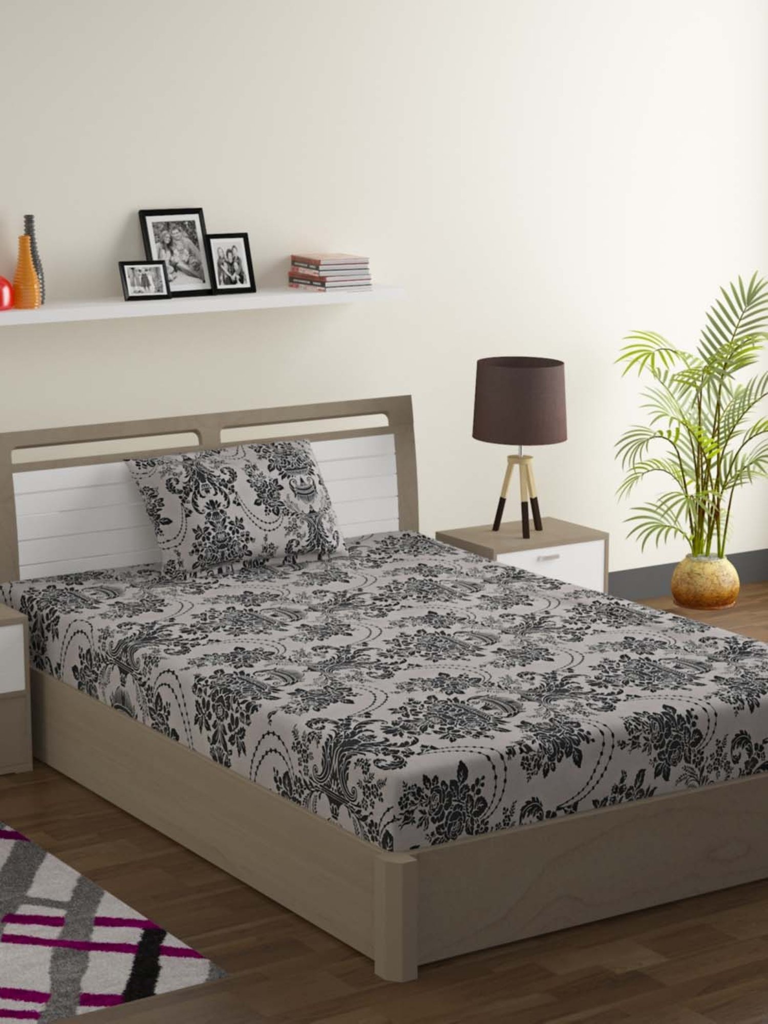 Swayam Sparkle Floral Black & White 120 TC Cotton Blend Single Bedsheet with 1 Pillow Cover