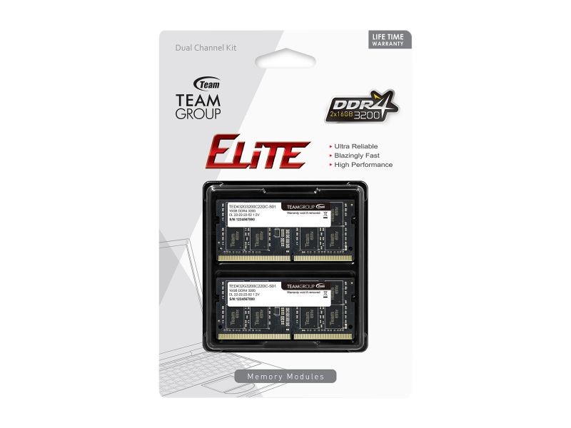 Team Elite 16GB (2 x 8GB) 260-Pin DDR4 SO-DIMM DDR4 3200 (PC4 25600) Laptop Memory Model TED416G3200C22DC-S01